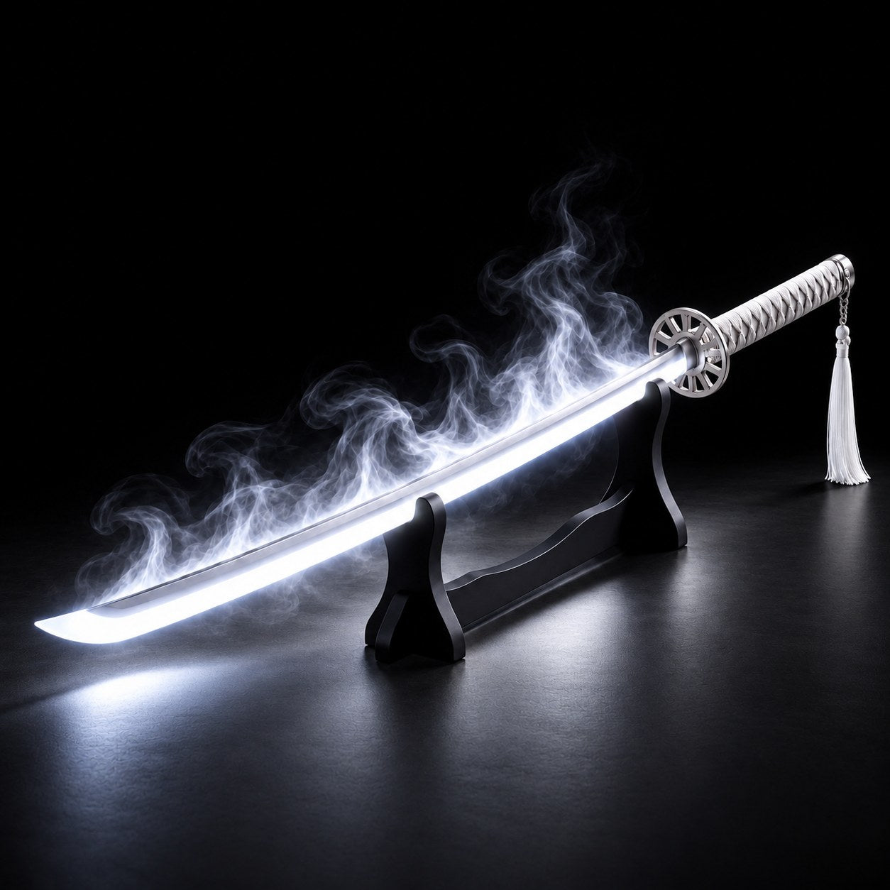 White KiriMist mist katana on its free black display holder