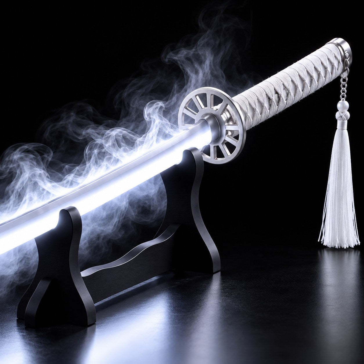 Close-up of the white wrapped katana handle and guard